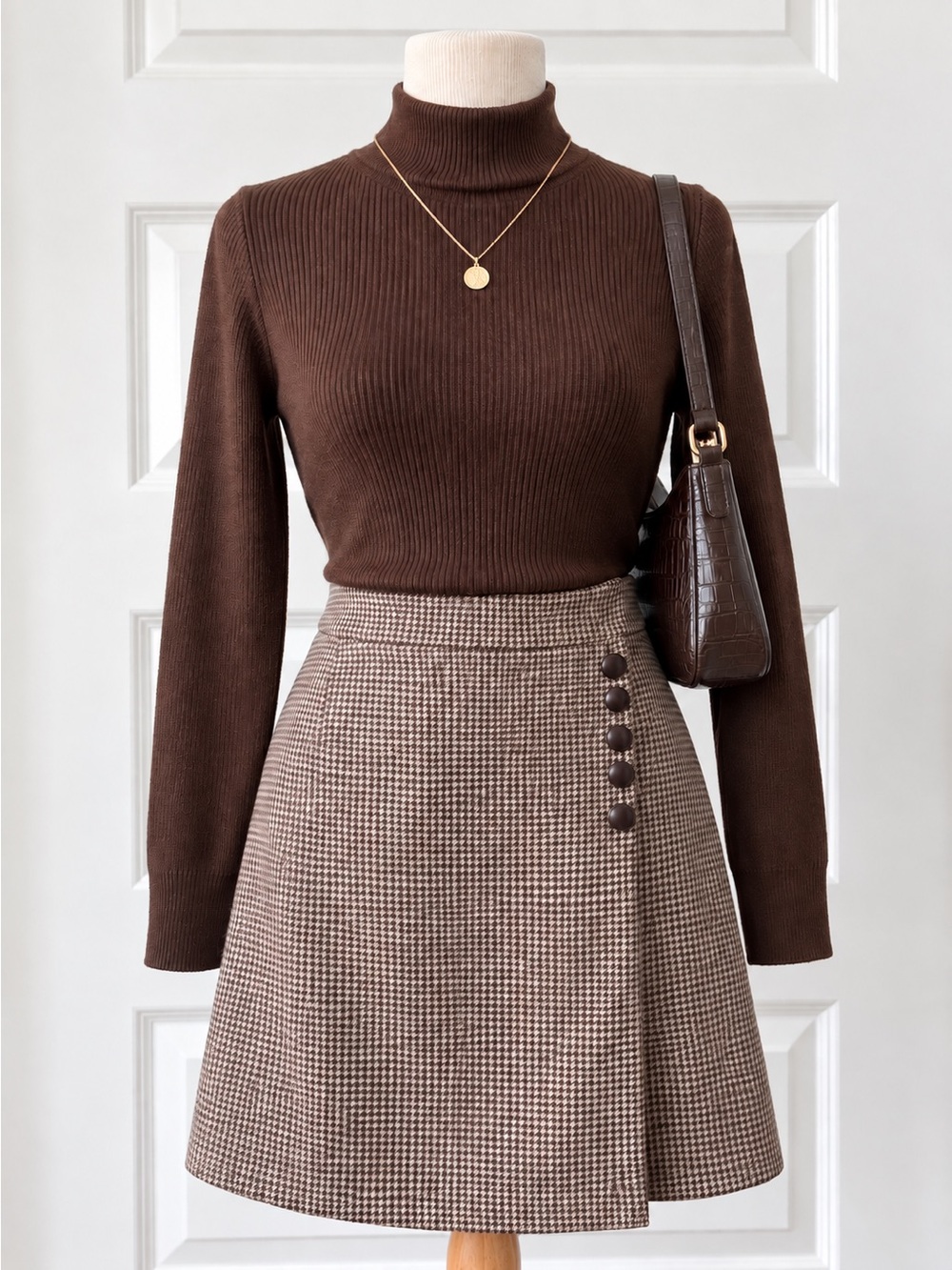 Vintage Talbots 100% Wool Houndstooth A-Line Dark Academia Skirt Brown Plaid